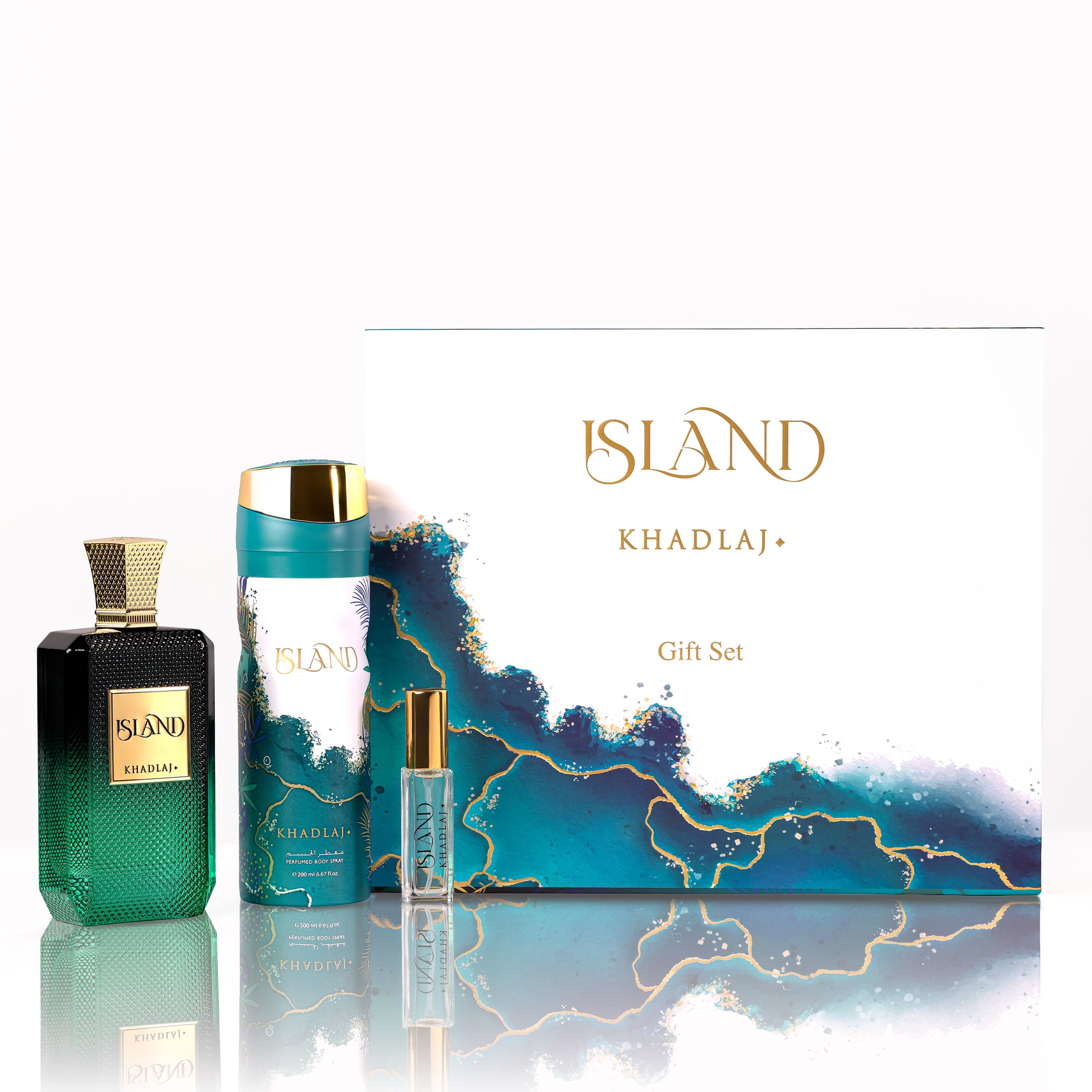 KHADLAJ ISLAND GIFT SET FOR HIM & HER (EDP 100 ML, BODY SPRAY & TRAVEL SIZE EDP 8 ML)