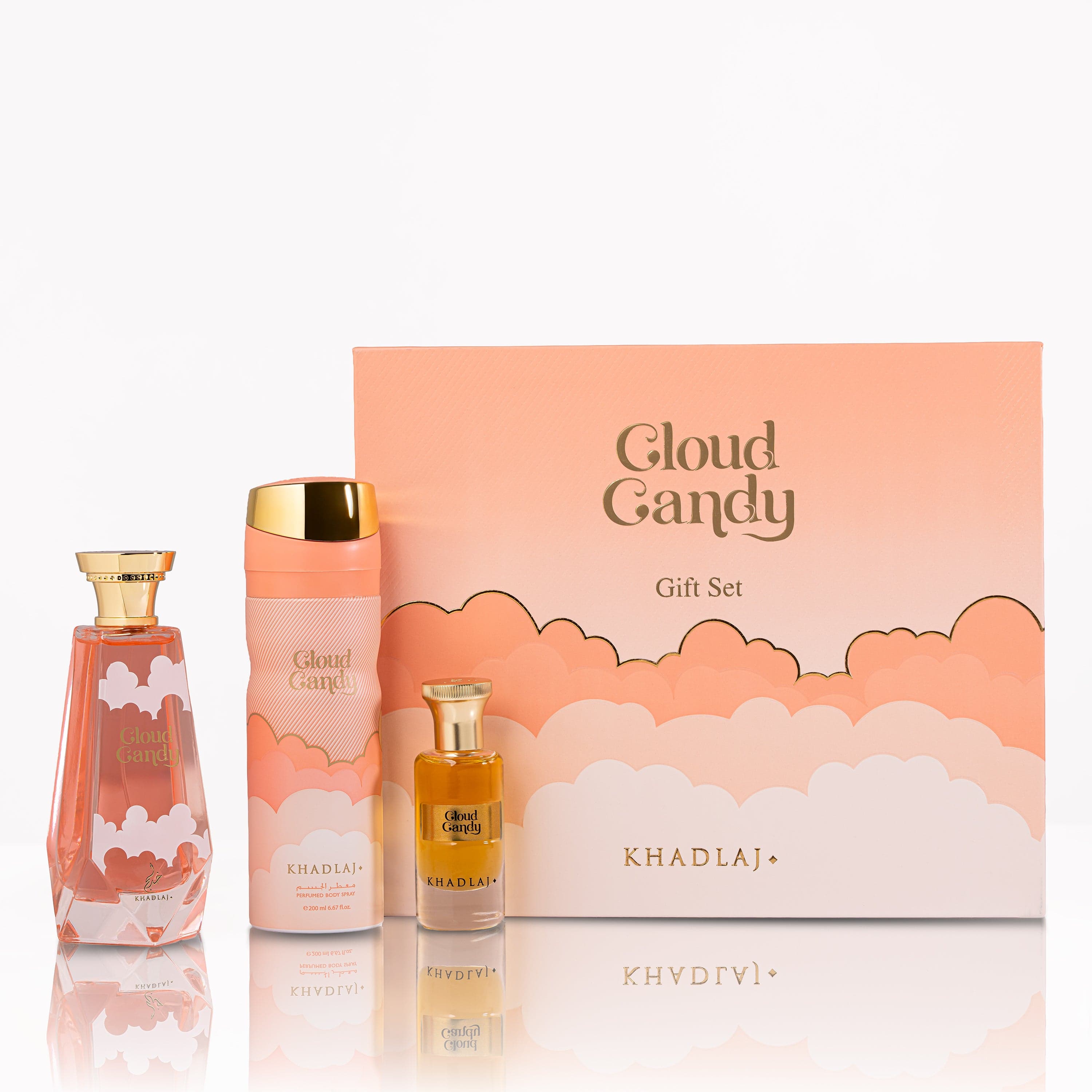 KHADLAJ CLOUD CANDY GIFT SET FOR WOMEN (EDP 100 ML, BODY SPRAY & PERFUME OIL ROLL ON 24 ML)