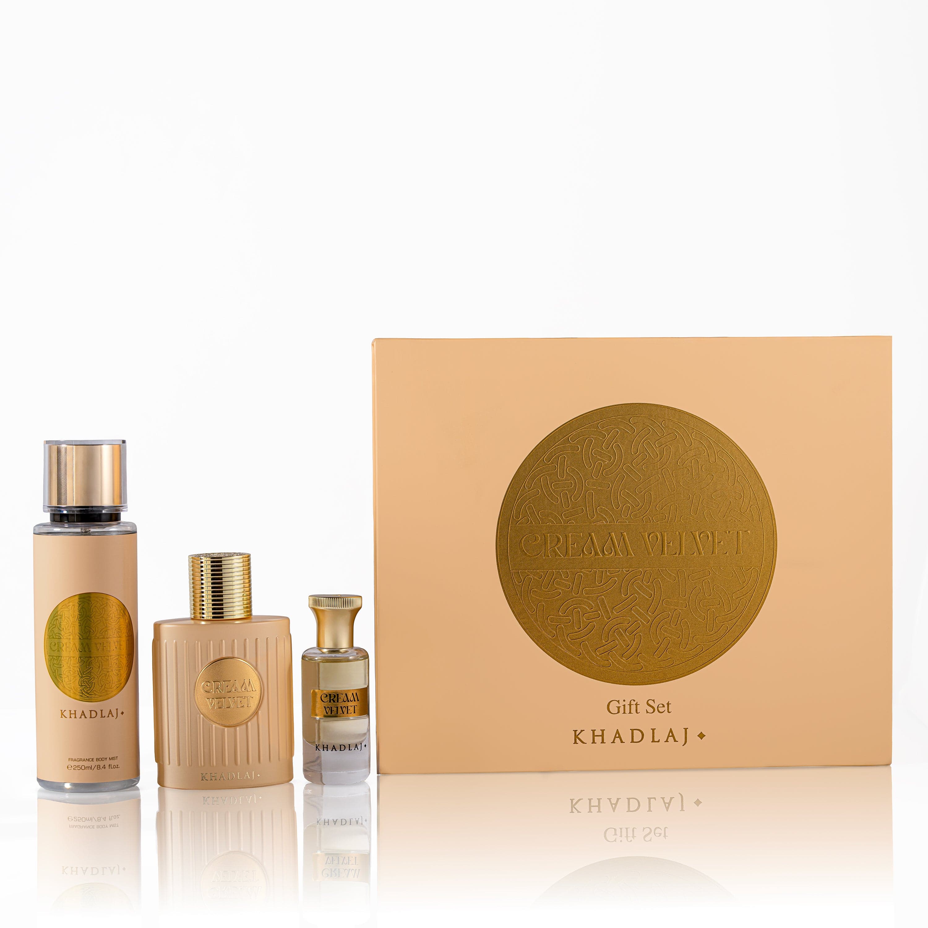 KHADLAJ PERFUMES CREAM VELVET GIFT SET FOR WOMEN (EDP 100ML, BODY MIST SPRAY 250ML & PERFUME OIL 24ML)